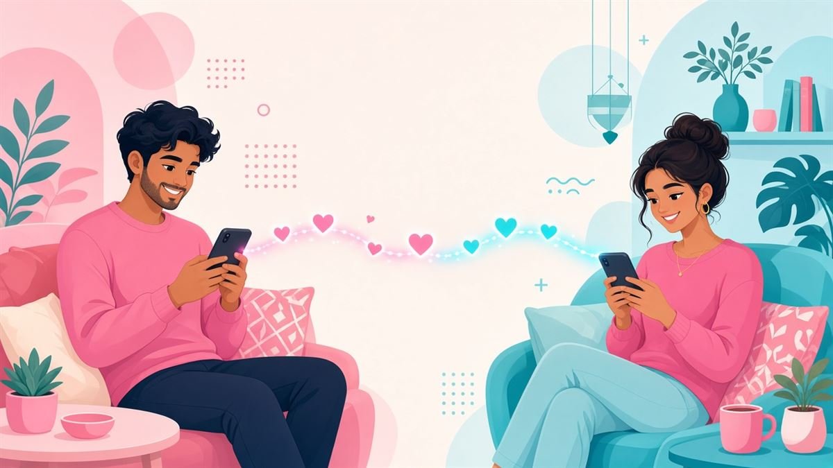 Two people smiling at their phones, connected by hearts