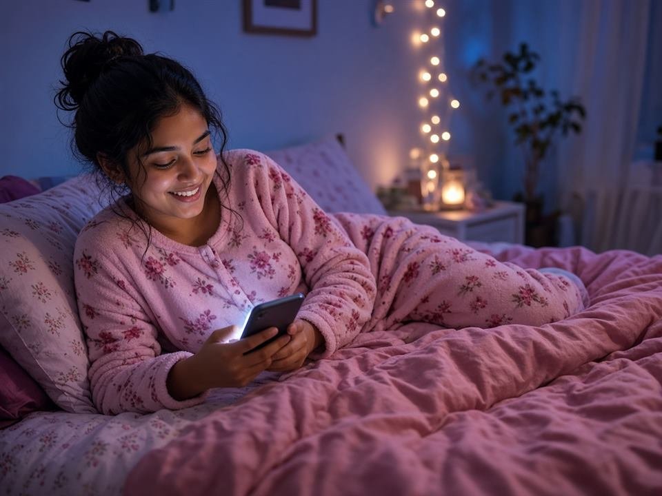 Woman smiling while chatting on her phone at night
