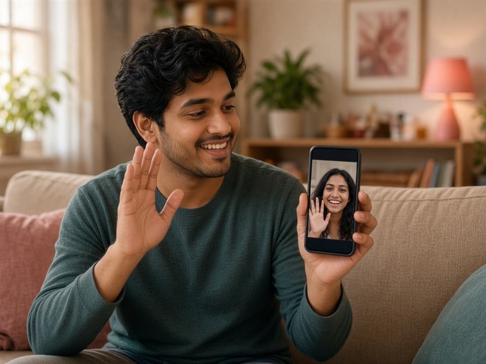 Man waving at a woman on a video call